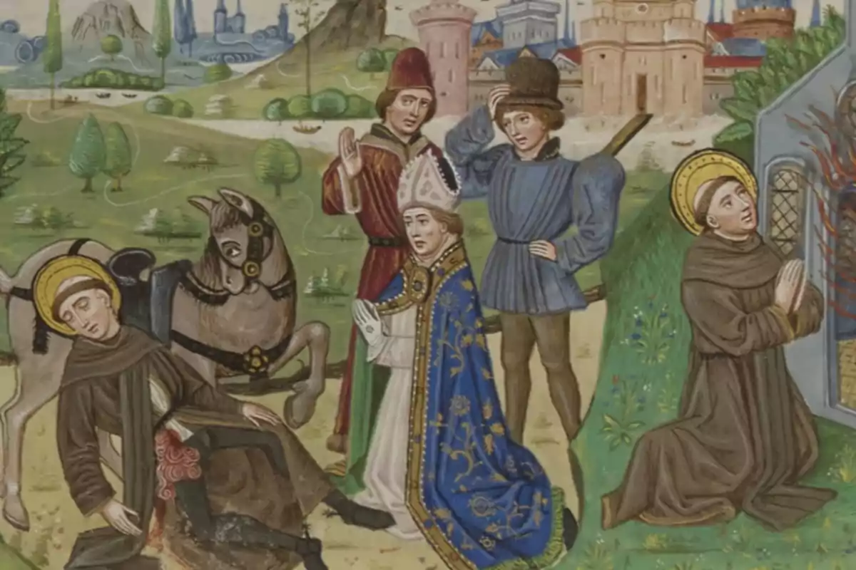 Il·lustració medieval que mostra diversos personatges amb vestimenta religiosa i medieval, un home ferit a terra al costat d’un cavall, i un altre home agenollat resant davant d’una estructura mentre al fons s’observen castells i un paisatge campestre. Il·lustració medieval que mostra diversos personatges amb vestimenta religiosa i medieval, un home ferit a terra al costat d’un cavall, i un altre home agenollat resant davant d’una estructura mentre al fons s’observen castells i un paisatge campestre.