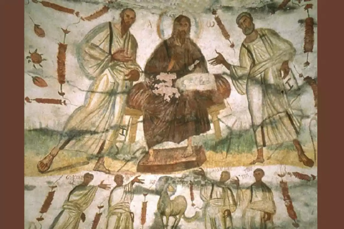 Fresc antic que mostra tres figures centrals amb túniques i aurèoles envoltades d’altres personatges i símbols religiosos.