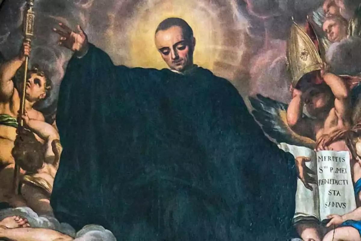 Una pintura religiosa que muestra a un santo rodeado de ángeles y querubines con un libro abierto.