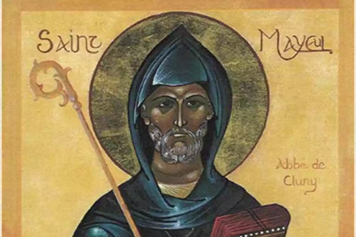 Il·lustració d'un sant amb vestimenta religiosa, aureola daurada i bàcul, sostenint un llibre.