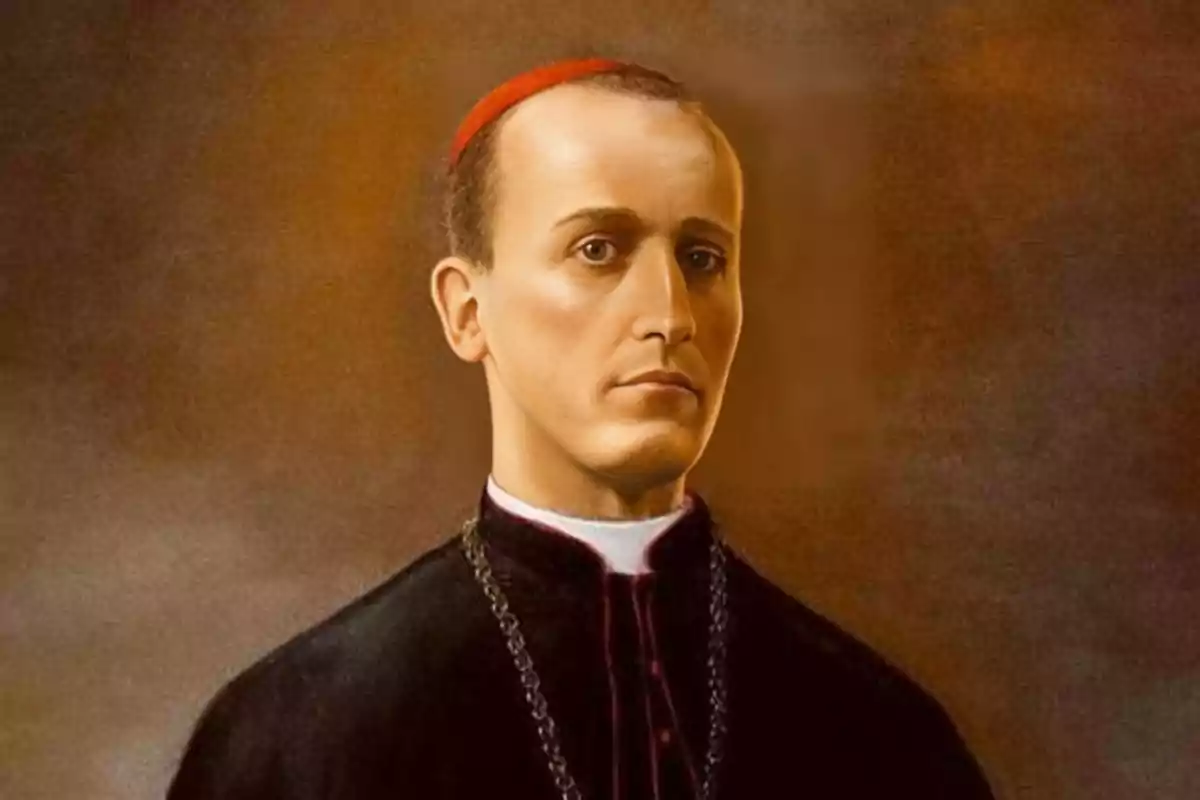 Retrat d'un home amb vestimenta eclesiàstica i birret vermell sobre un fons marró. Retrat d'un home amb vestimenta eclesiàstica i birret vermell sobre un fons marró.