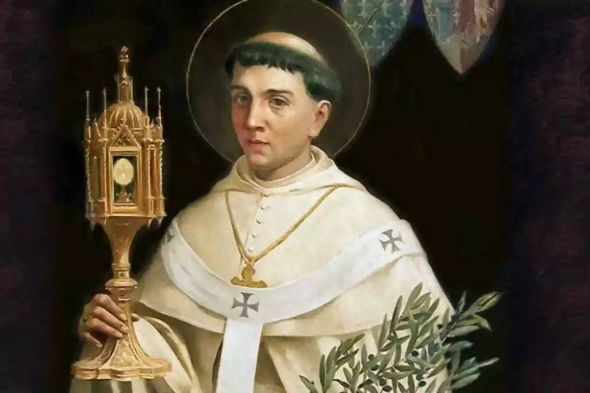 Retrat d’un monjo amb vestimenta blanca sostenint una custòdia daurada i una branca d’olivera, amb un halo al voltant del cap