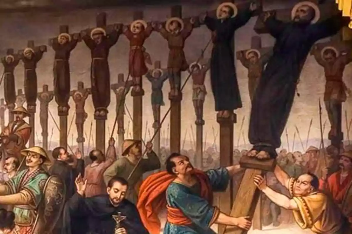A painting depicting several crucified Christian martyrs, with people around observing and participating in the scene. A painting depicting several crucified Christian martyrs, with people around observing and participating in the scene.