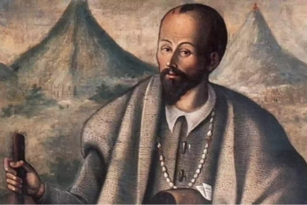 Pintura d'un home amb barba i túnica sostenint un bastó amb muntanyes al fons. Pintura d'un home amb barba i túnica sostenint un bastó amb muntanyes al fons.