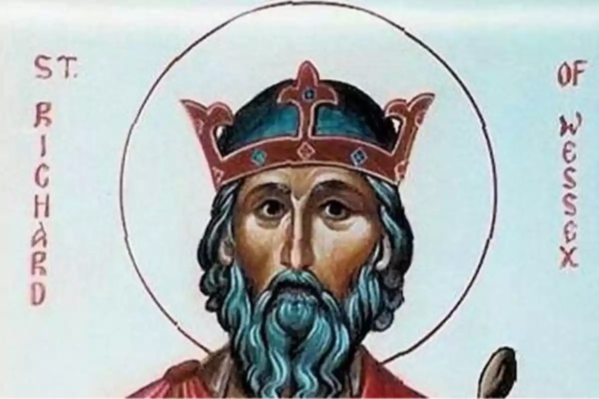 Illustration of a man with a beard and crown, surrounded by a halo, with text on the sides.