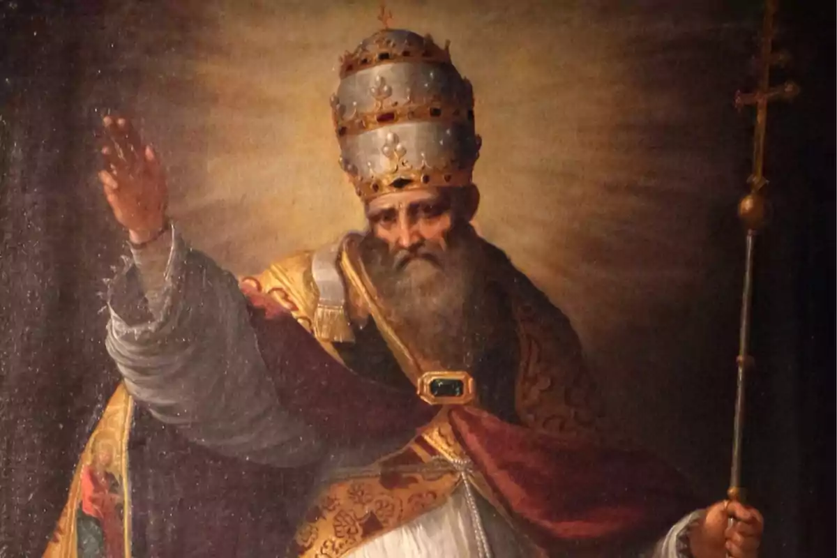 Pintura d´un papa amb tiara papal i vestimenta cerimonial aixecant una mà i sostenint un bàcul.