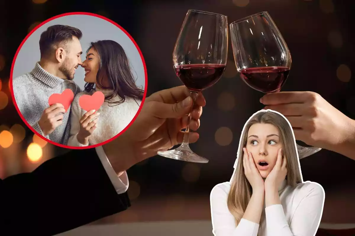 Imatge de fons de dues persones brindant amb dues copes de vi, una altra imatge d'una parella feliç amb cors de cartró vermells a la mà i una altra imatge d'una dona amb cara de sorpresa