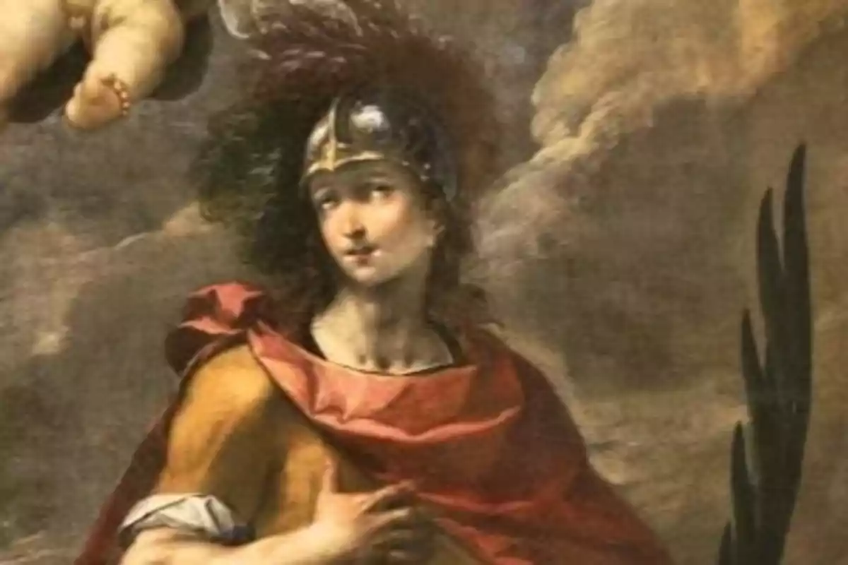 Una figura amb armadura i capa vermella mira cap a un costat mentre un querubí apareix a la cantonada superior esquerra. Una figura amb armadura i capa vermella mira cap a un costat mentre un querubí apareix a la cantonada superior esquerra.