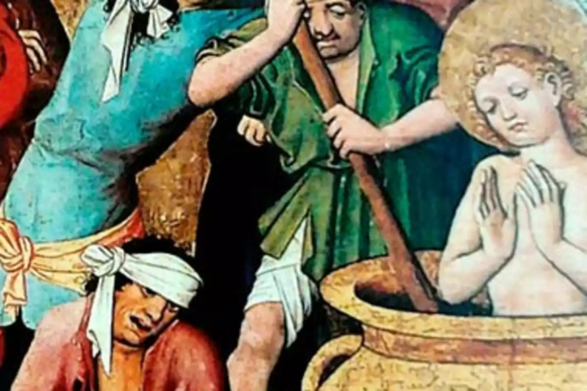 Pintura antiga que mostra una persona amb aurèola dins d’una gran gerra mentre altres persones l’envolten Pintura antiga que mostra una persona amb aurèola dins d’una gran gerra mentre altres persones l’envolten