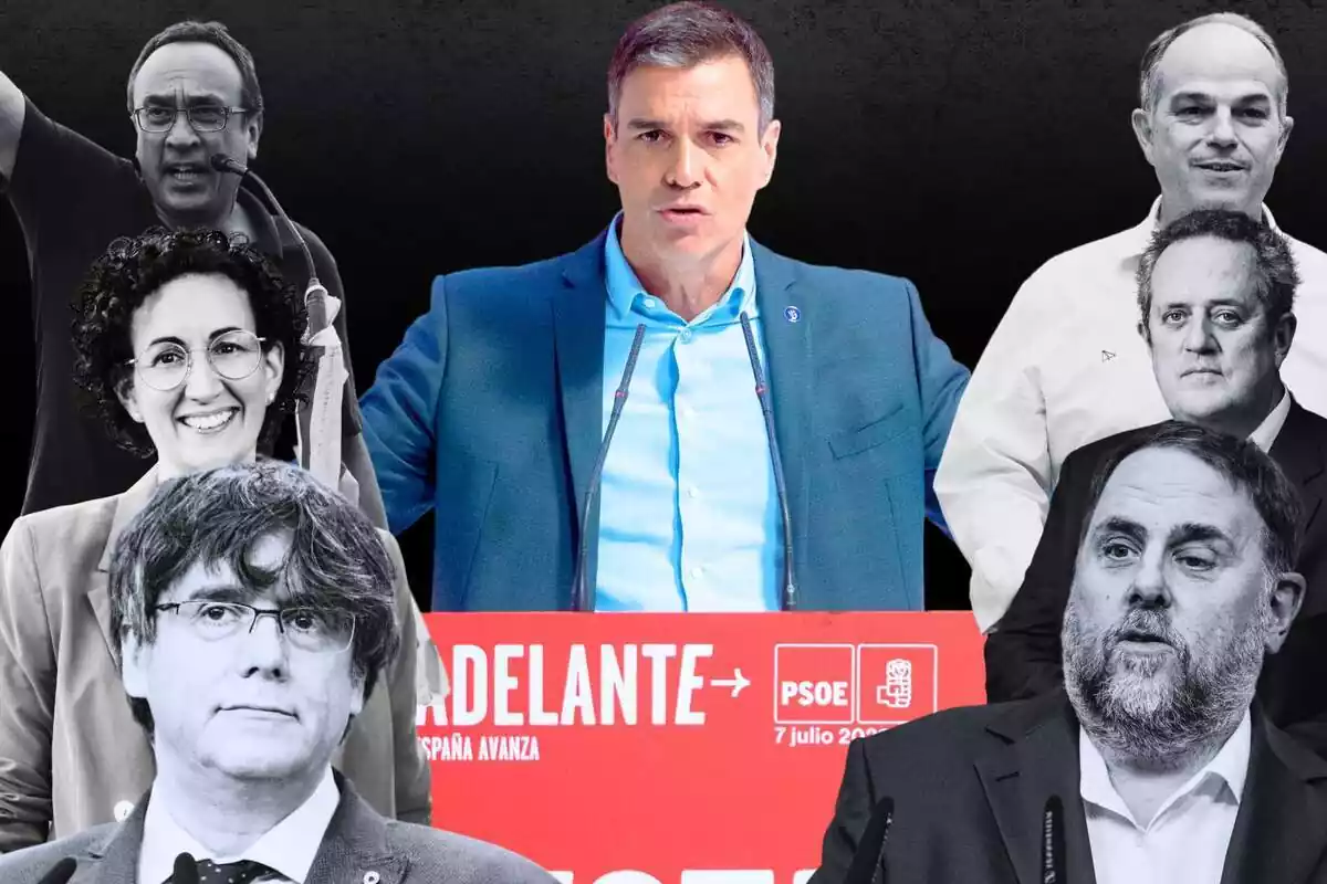 Imatge de Pedro Sánchez amb Carles Puigdemont, Oriol Junqueras i diversos amnistiats del procés català