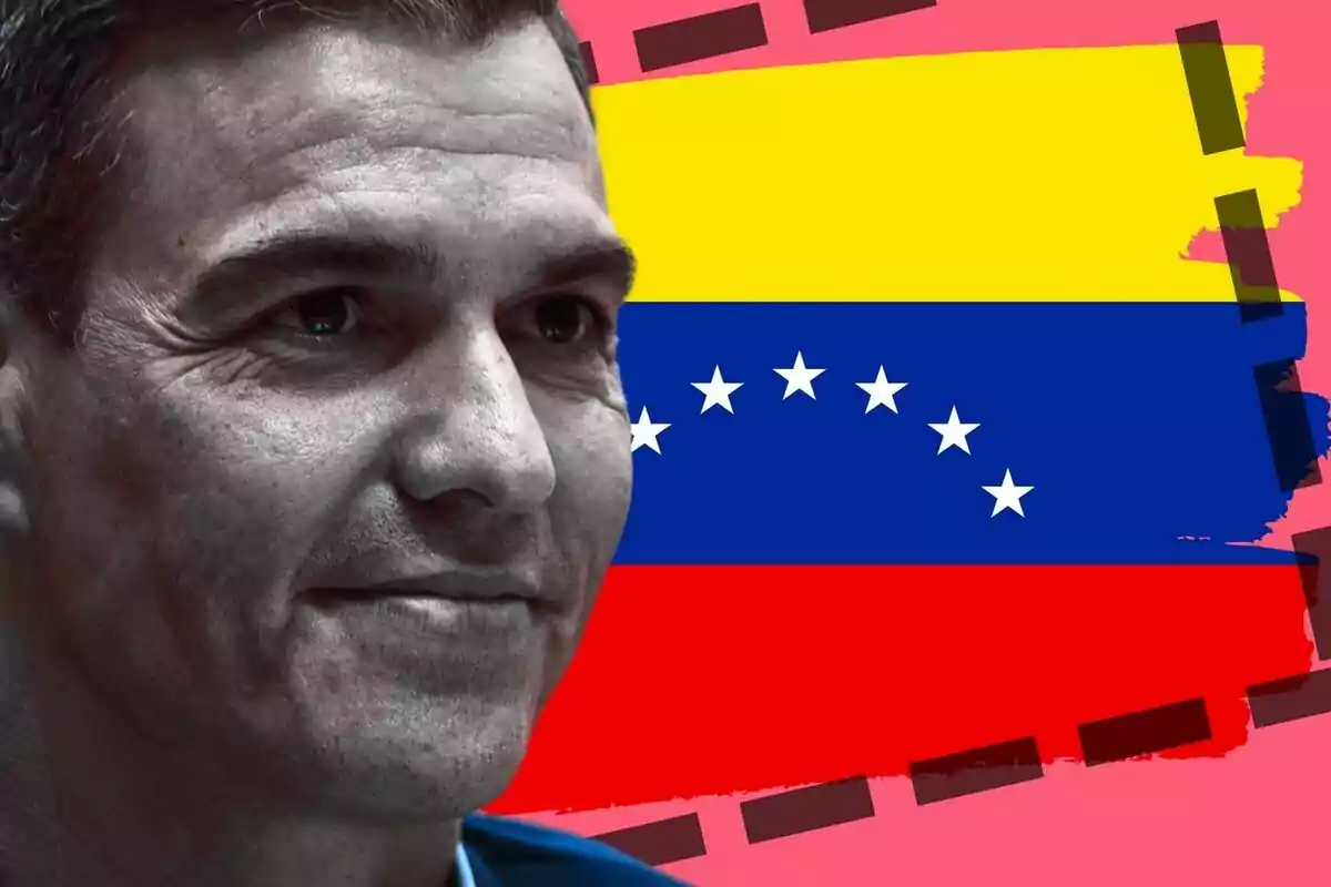 Pedro Sánchez en primer pla amb la bandera de Veneçuela de fons.