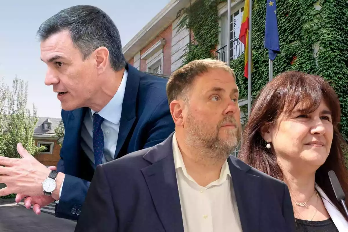 Foto muntatge amb Pedro Sánchez mirant cap a una direcció i Oriol Junqueras i Laura Borràs mirant cap a la direcció oposada, amb el Palau de la Moncloa de fons