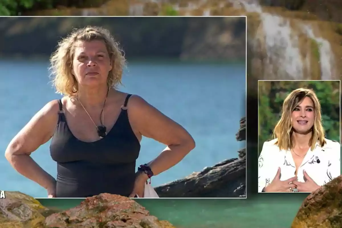 Teelu Campos con traje de baño negro está de pie al aire libre junto a un cuerpo de agua, mientras que en un recuadro más pequeño a la derecha aparece Sandra Barneda con cabello rubio y una chaqueta blanca en Supervivientes.