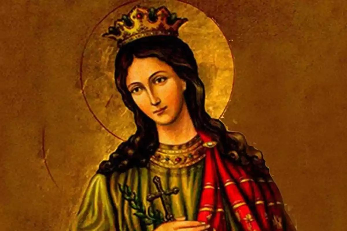 Imatge d´una figura religiosa femenina amb corona i halo sobre un fons daurat.