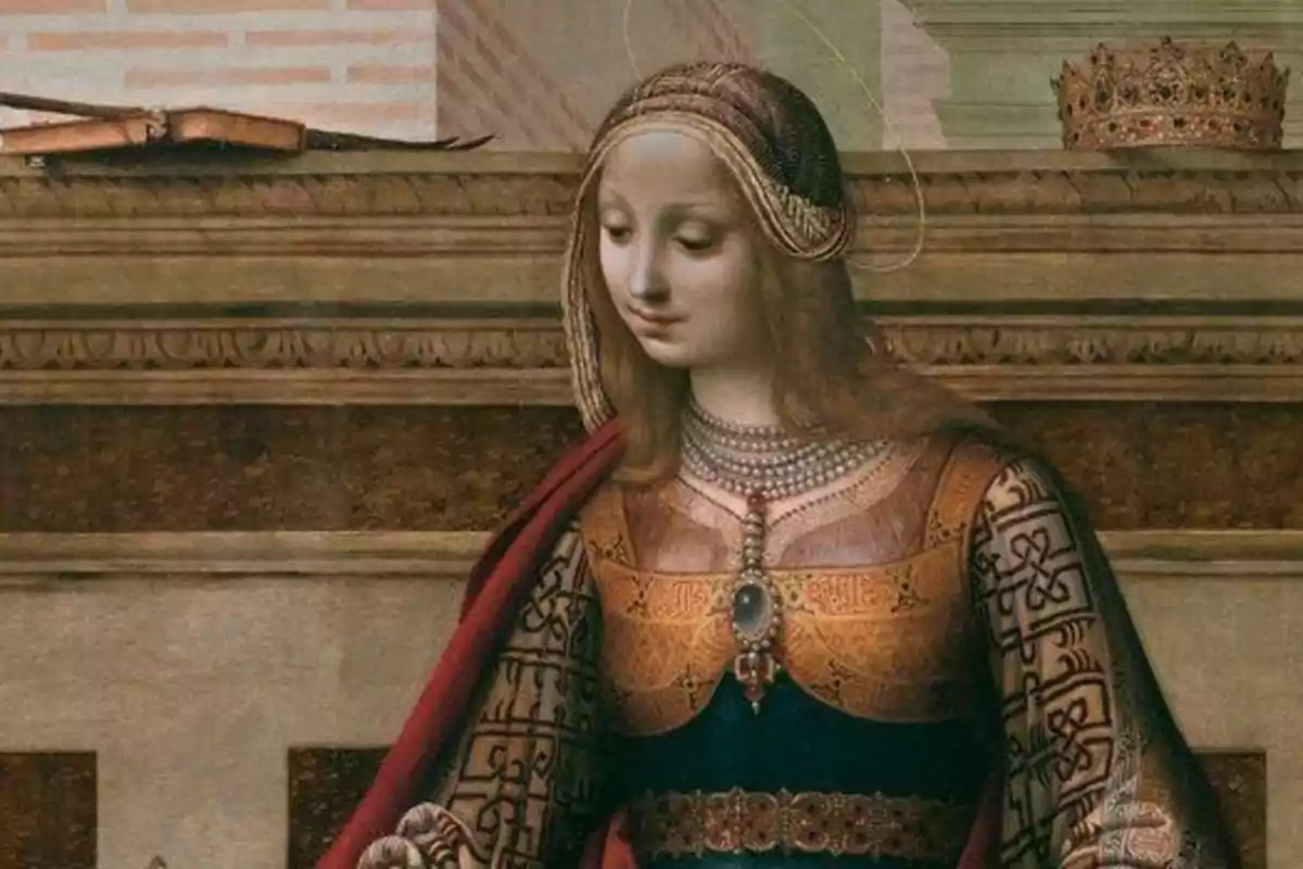 Una pintura renaixentista d'una dona amb vestimenta elaborada i una corona al fons. Una pintura renaixentista d'una dona amb vestimenta elaborada i una corona al fons.