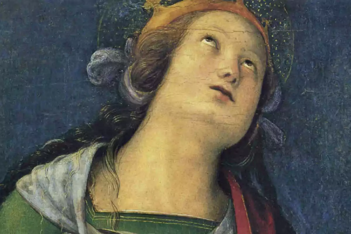 Una pintura renaixentista d'una figura femenina amb el cap inclinat cap enrere i la mirada dirigida cap amunt, amb un fons blau fosc. Una pintura renaixentista d'una figura femenina amb el cap inclinat cap enrere i la mirada dirigida cap amunt, amb un fons blau fosc.