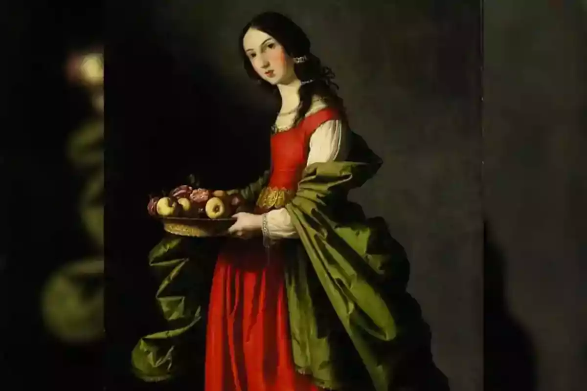 A woman in a red dress and green cloak holds a tray with fruits.