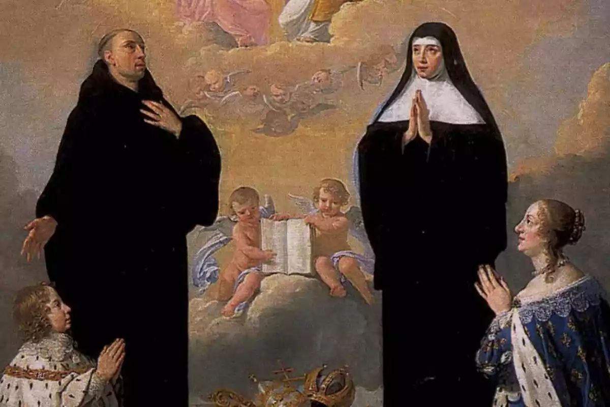 Una pintura religiosa muestra a un monje y una monja en actitud de oración, con dos ángeles sosteniendo un libro en el cielo y una mujer arrodillada en la parte inferior derecha.