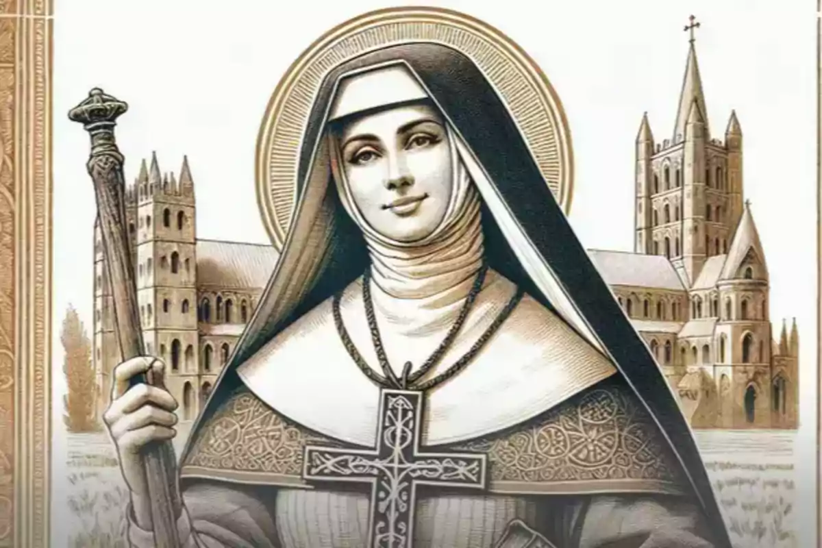 Il·lustració d’una monja medieval amb vestimenta religiosa sostenint un bàcul i una gran creu, amb una catedral al fons. Il·lustració d’una monja medieval amb vestimenta religiosa sostenint un bàcul i una gran creu, amb una catedral al fons.