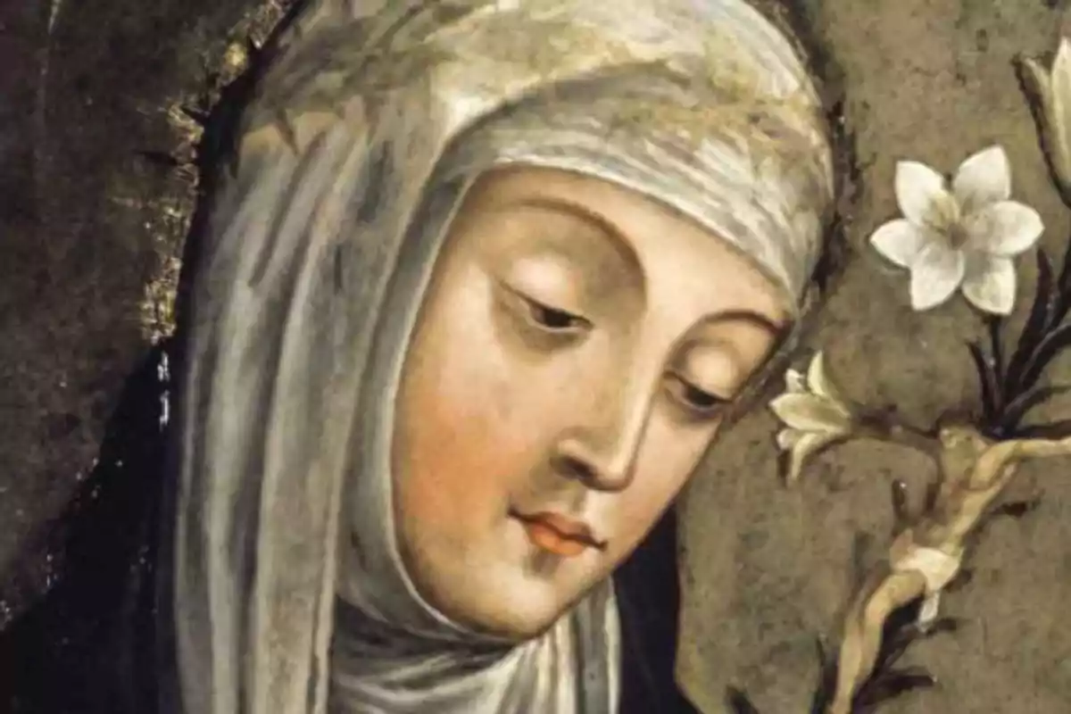 Pintura religiosa d'una dona amb vel blanc i flors blanques al costat.