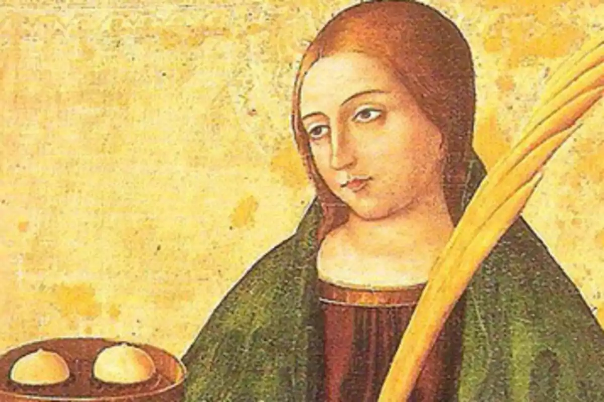 An ancient painting of a female figure holding a palm and a plate with two round objects.