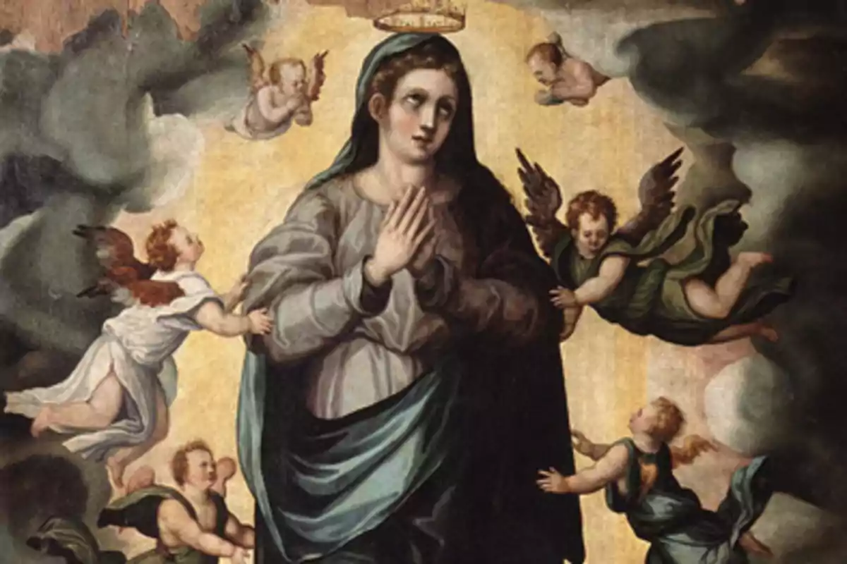 Pintura religiosa que mostra una figura femenina amb un halo al cap, envoltada d'àngels en un entorn celestial.