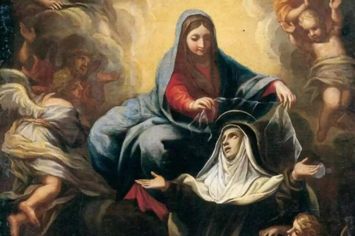 Una pintura religiosa que mostra una figura femenina amb mantell blau i vermell, envoltada d'àngels, col·locant un vel sobre el cap d'una dona agenollada amb hàbit i halo. Una pintura religiosa que mostra una figura femenina amb mantell blau i vermell, envoltada d'àngels, col·locant un vel sobre el cap d'una dona agenollada amb hàbit i halo.
