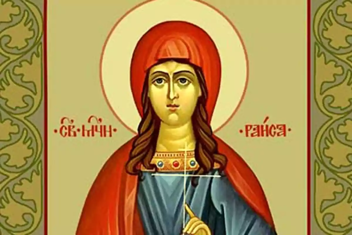 Icona religiosa d'una figura femenina amb halo i vestimenta vermella i blava. Icona religiosa d'una figura femenina amb halo i vestimenta vermella i blava.