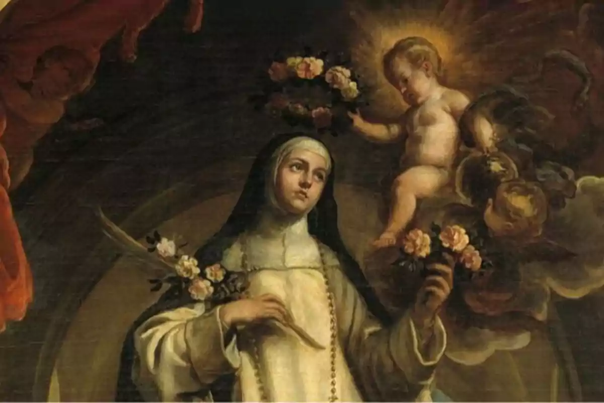 Pintura religiosa que mostra una monja amb un rosari i flors, mentre un nen amb aurèola li col·loca una corona de flors.