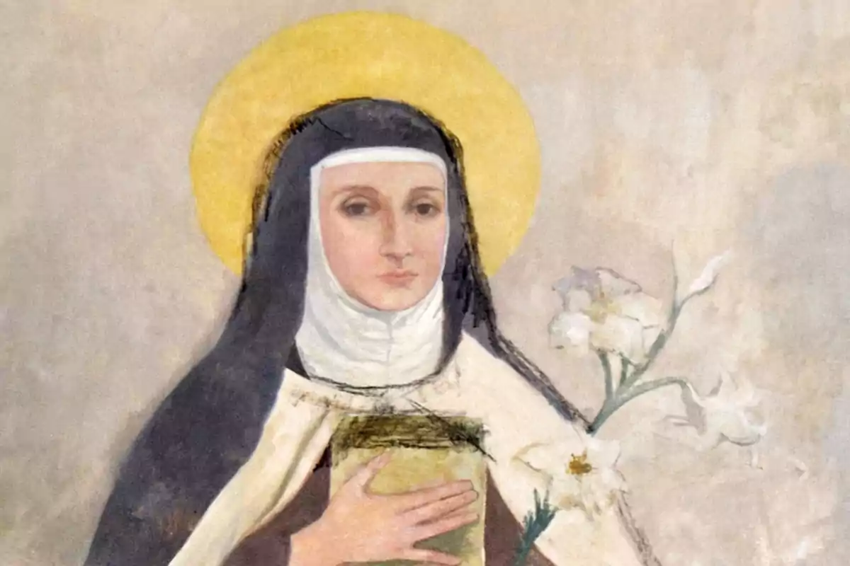 Una pintura d'una monja amb un halo daurat sostenint un llibre i flors blanques. Una pintura d'una monja amb un halo daurat sostenint un llibre i flors blanques.