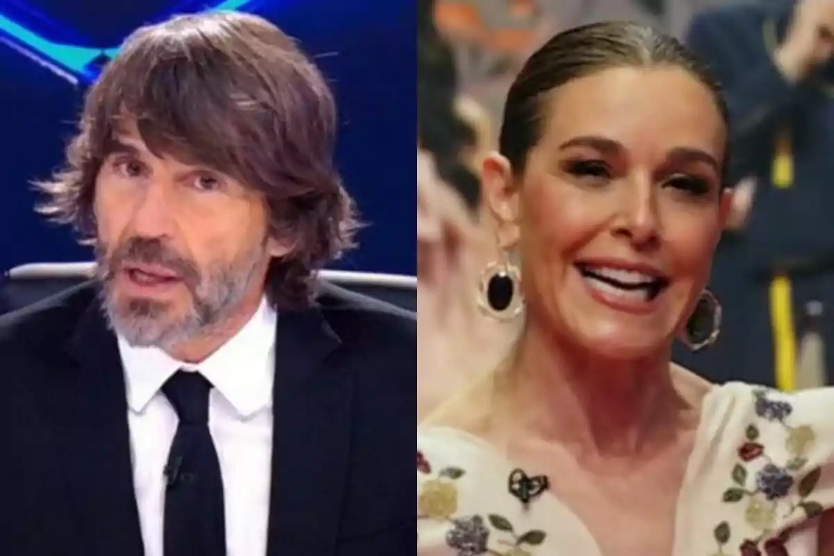 Dos personas posan en un montaje de imágenes lado a lado, Santi Millán con traje oscuro en Caiga quien Caiga y Raquel Sánchez Silva con un vestido claro adornado en Maestros de la Costura.