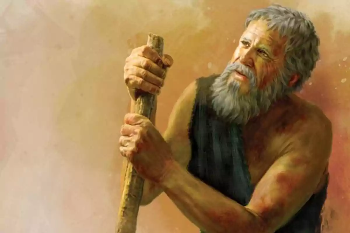 Un home gran amb barba i cabell canós sosté un bastó mentre mira pensatiu cap amunt. Un home gran amb barba i cabell canós sosté un bastó mentre mira pensatiu cap amunt.