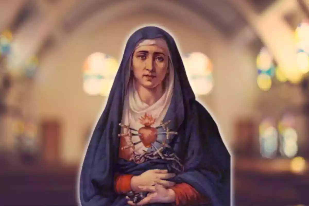 Retrat de la Mare de Déu amb el fons d'una església