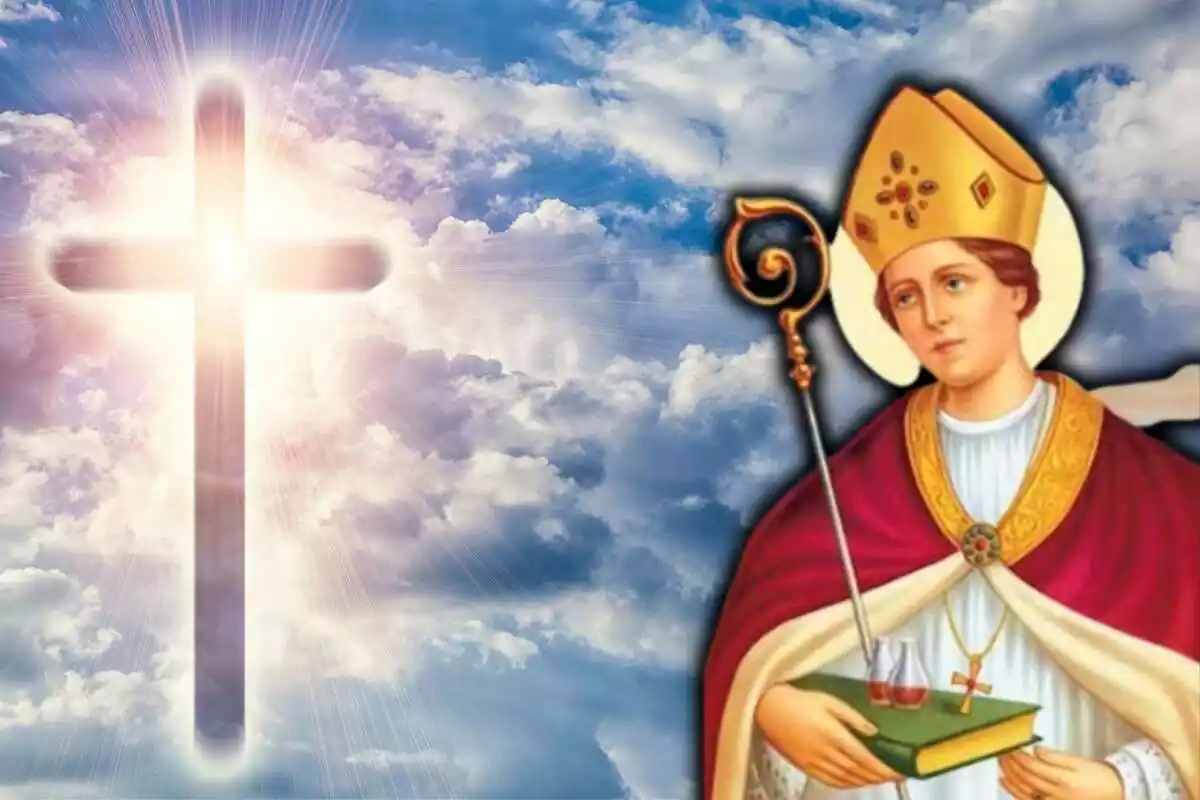 Retrat de Sant Genar de Nàpols amb el fons del cel amb núvols i una creu cristiana