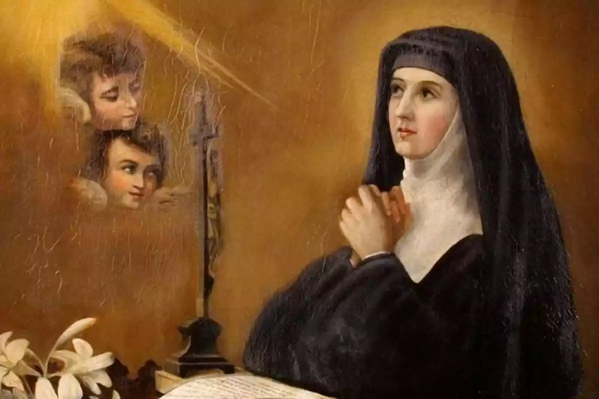 Retrat de Santa Margarida Maria d'Alacoque amb dos àngels observant-la
