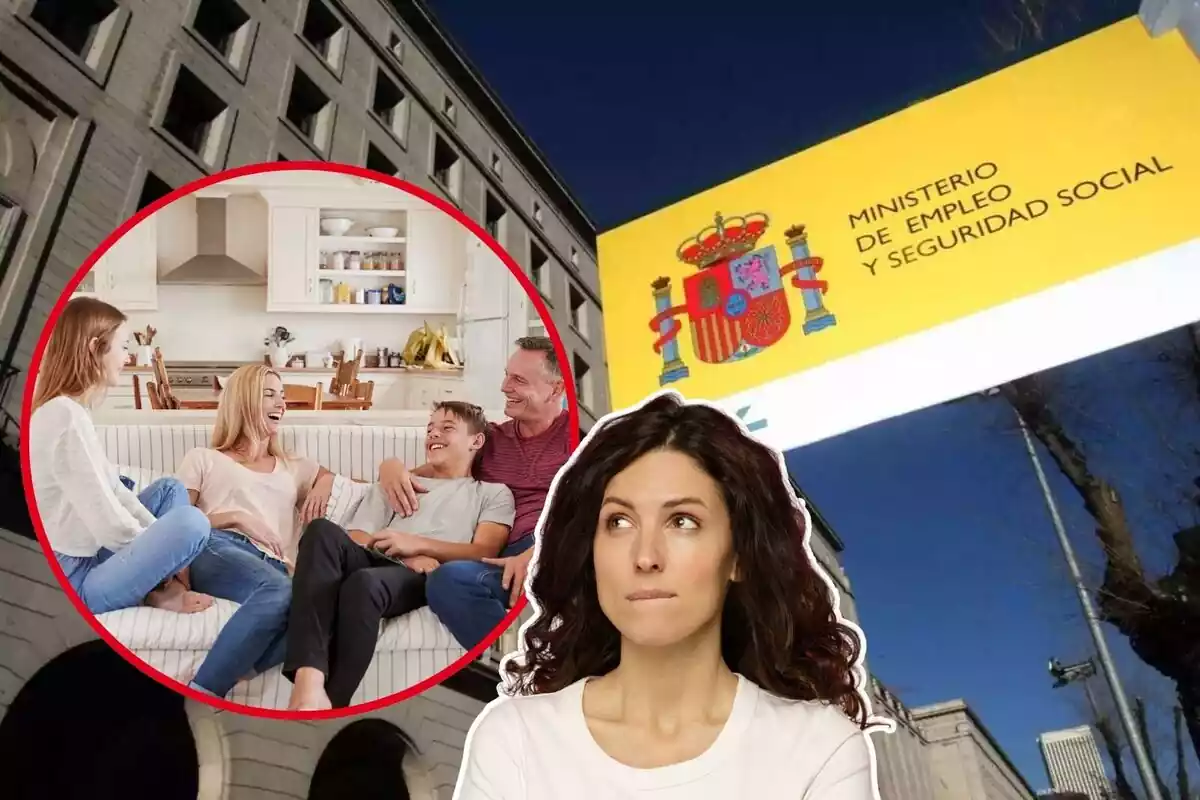 Imatge de fons d´un cartell de la Seguretat Social al costat d´una altra imatge d´una família amb els pares i dos fills adolescents i una altra imatge d´una dona amb gest dubitatiu