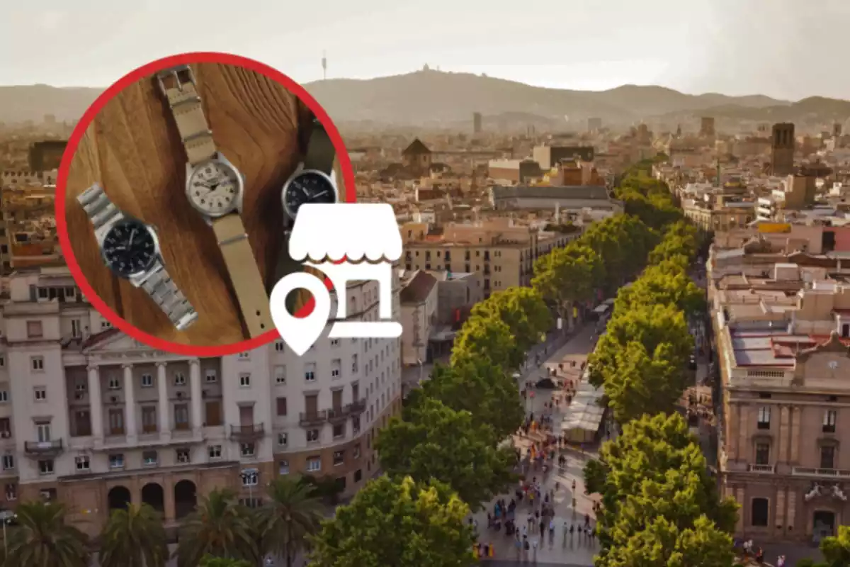 Barcelona i un rellotge de tres manetes amb una emoji d?una botiga