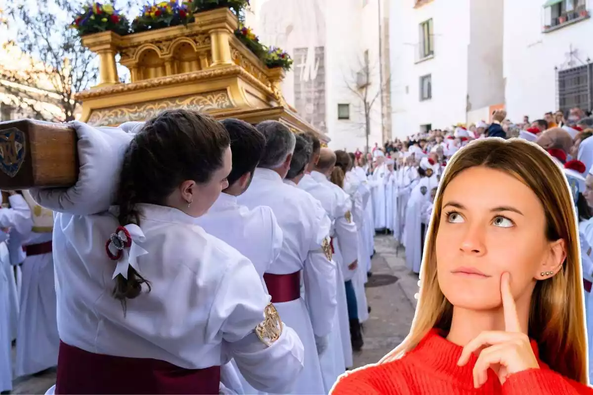 Imatge de fons de diversos portants durant la processó de la Trobada de la Germandat del nostre Pare Jesús Ressuscitat i Nostra Senyora de l'Empara a Múrcia el 9 d'abril de 2023 i una altra imatge d'una dona amb gest pensatiu