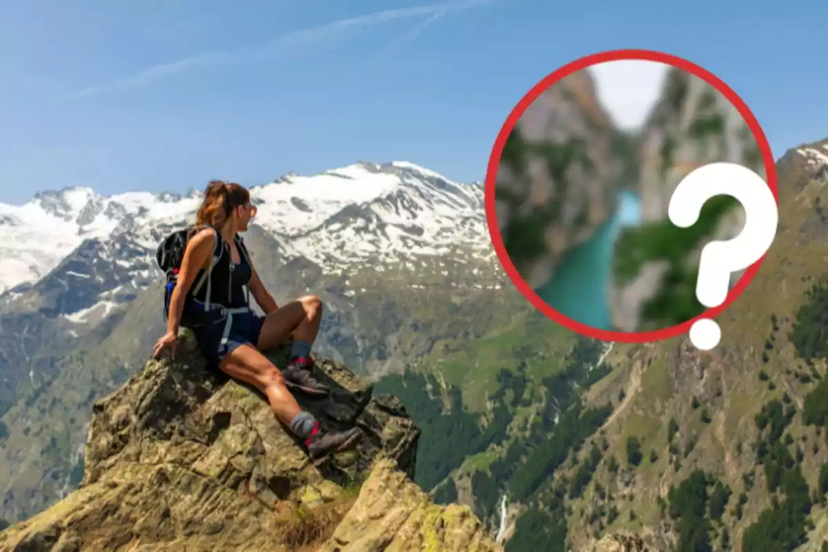 Una dona mirant una muntanya i una imatge del congost de mont rebei en borrós i un símbol de pregunt