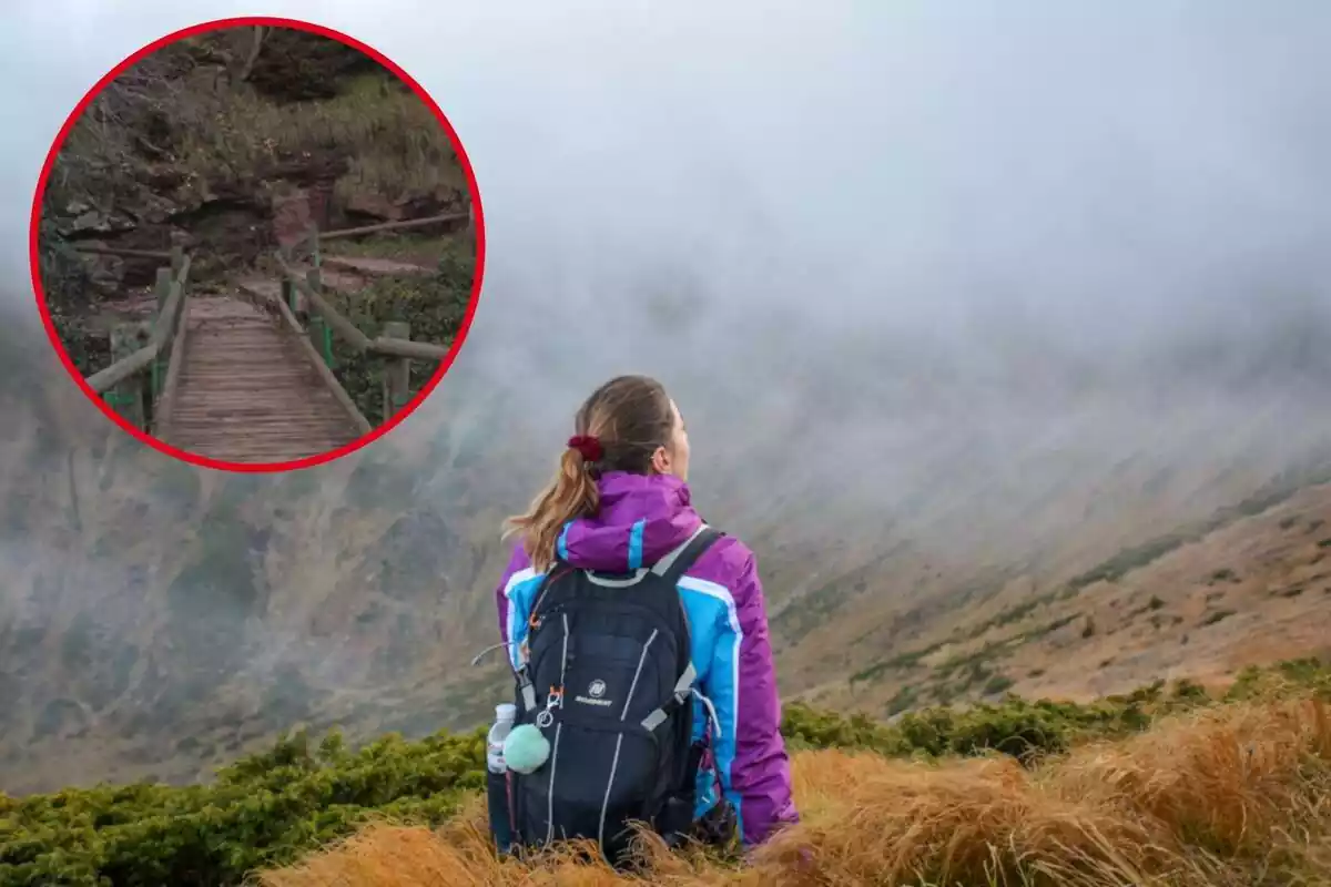 Muntatge de dona asseguda a la muntanya amb boira i cercle amb pont de fusta del camí a la Font de Llobregat