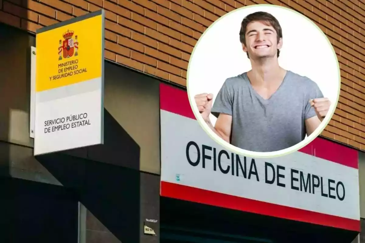 Un home feliç apareix en un cercle sobre una imatge de l?Oficina d?Ocupació del Servei Públic d?Ocupació Estatal del Ministeri d?Ocupació i Seguretat Social d?Espanya.