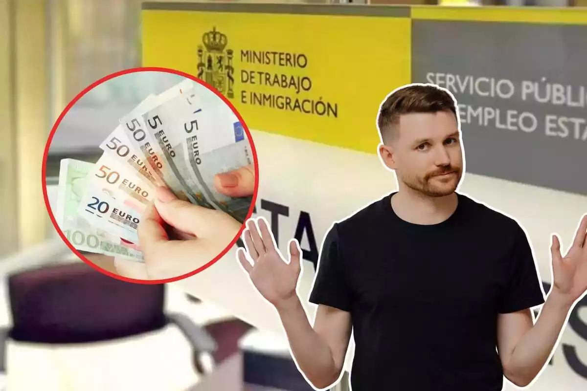 Muntatge amb un home dient que no, bitllets d'euro i una oficina del SEPE darrere