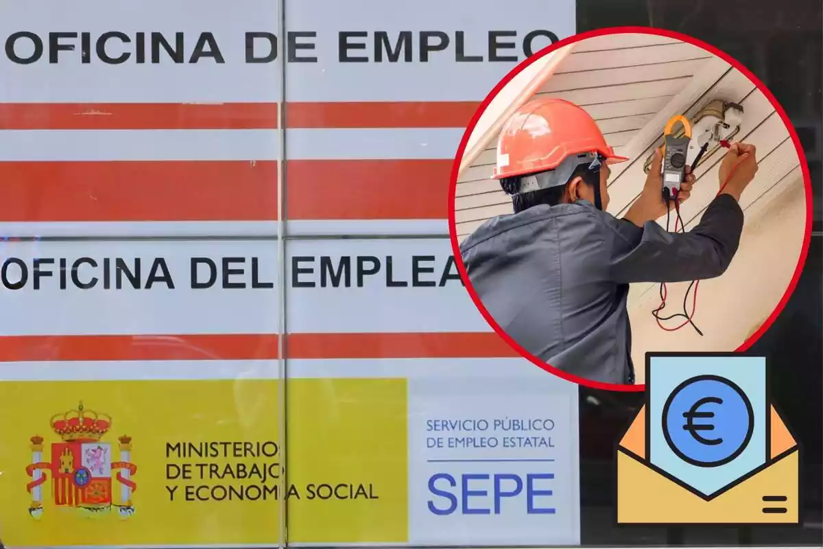 Imatge de fons d'un cartell d'una oficina del SEPE, amb una imatge d'un electricista treballant i una emoticona d'un sobre amb euros