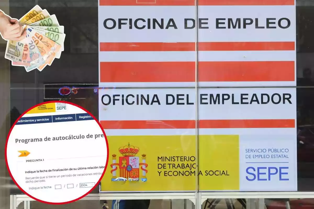 Imatge de fons d´un cartell d´una oficina del SEPE a Madrid i una altra de la web simulador del SEPE per calcular l´atur i una altra de bitllets d´euros en una mà