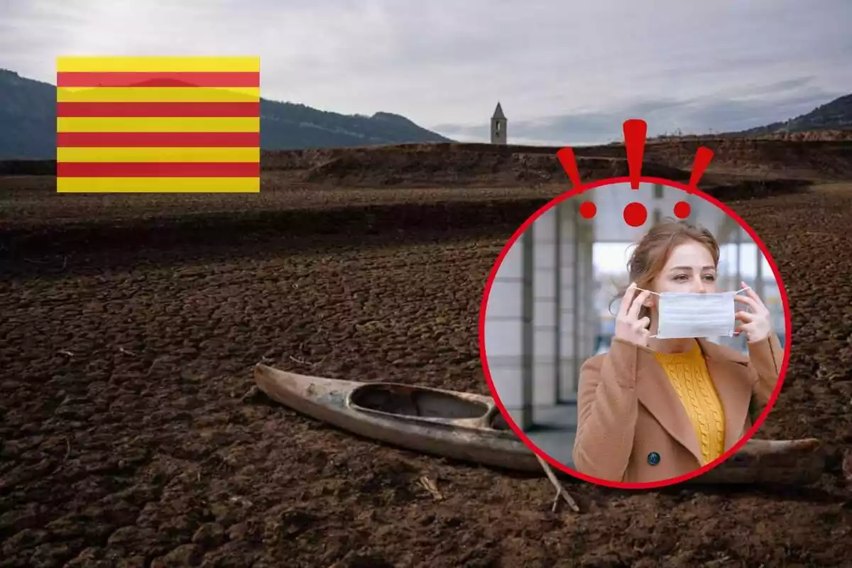 Fotomuntatge amb fons de pantà de Sau sec, una bandera de Catalunya i una foto emmarcada i amb signes d'interrogació d'una noia amb màscara