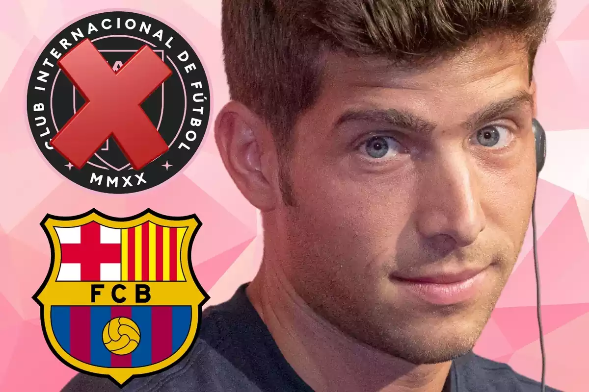 Sergi Roberto mirant al capdavant amb els escuts de l'Inter Miami i el FC Barcelona al seu costat