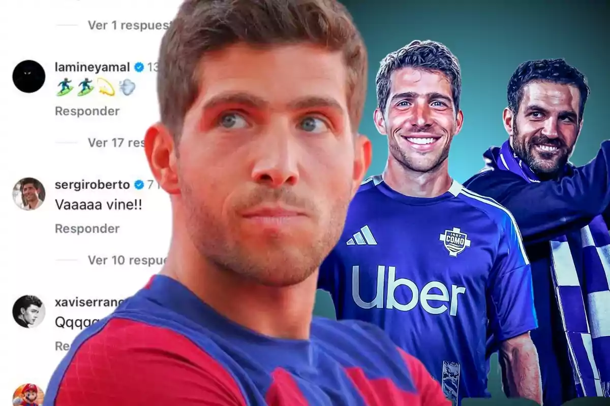 Sergi Roberto in the foreground with Cesc Fàbregas in the background and a screenshot of an Instagram comment next to him