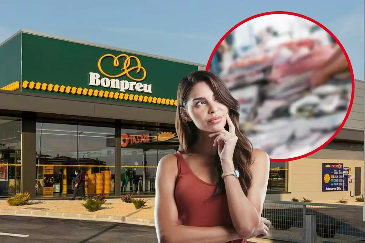 Supermercat Bonpreu, noia pensativa i cercle vermell amb imatge borrosa