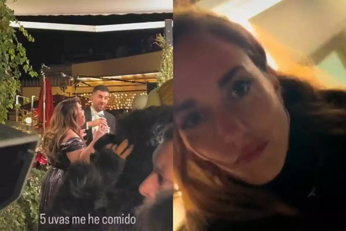 Lalachus y David Broncano conversan en un evento al aire libre con luces decorativas mientras Silvia Alonso se toma una selfie.