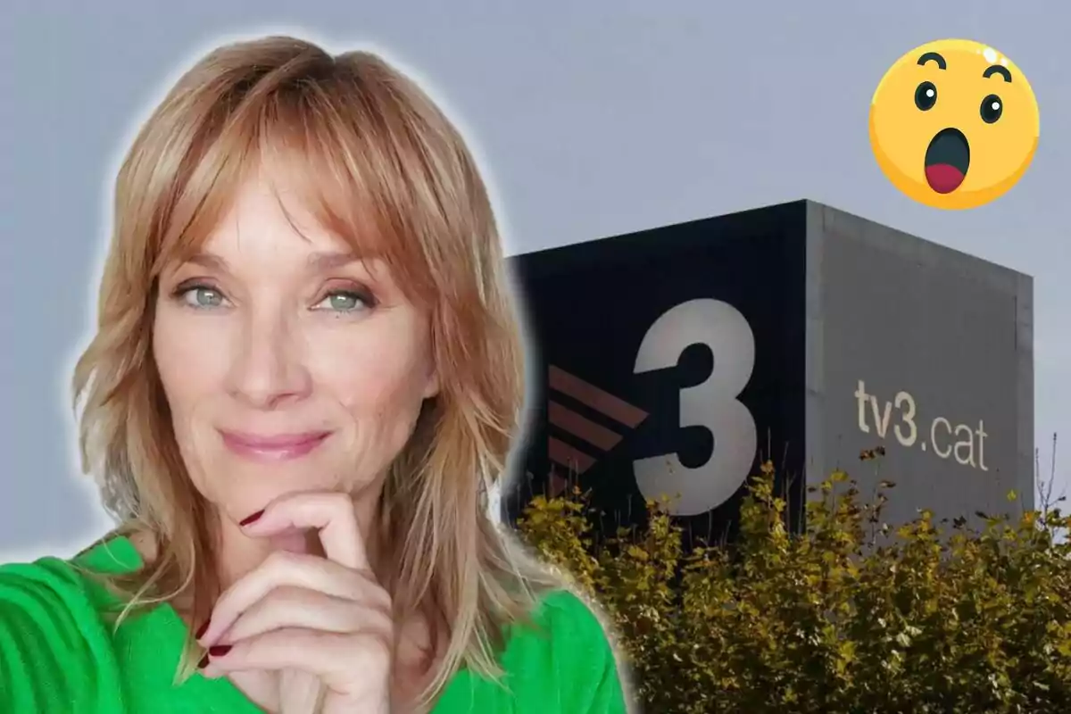 Una dona somrient amb cabell ros i un fons que mostra el logotip de TV3 amb un emoji sorprès.